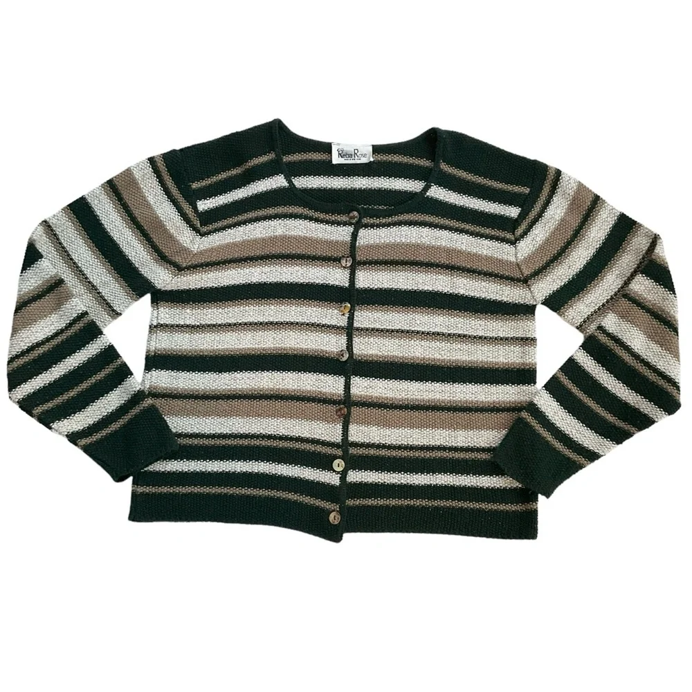 Vintage Reba Rose Boxy Striped Cardigan Sweater Earthy Coastal Cottageco… - Picture 1 of 16